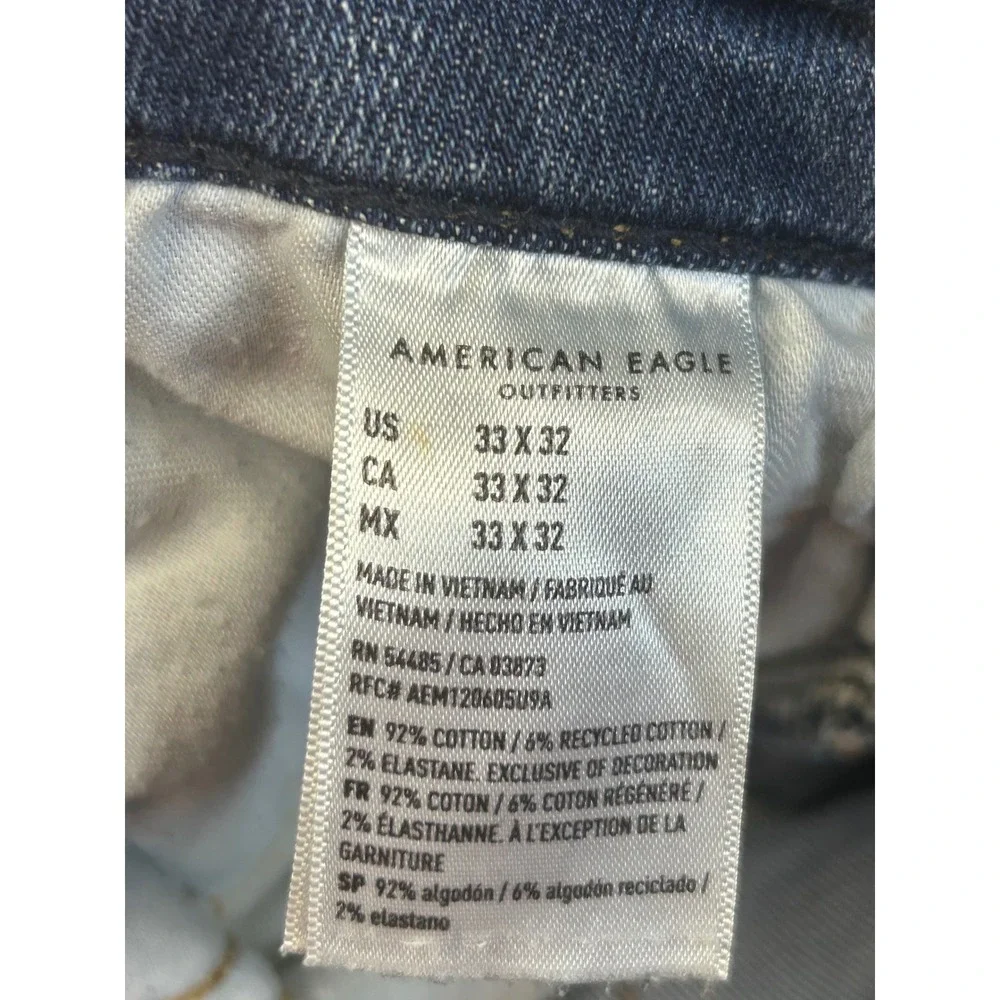 American Eagle Jeans Mens 33x32 Blue Original Straight‎ Thrashed Stretch Denim